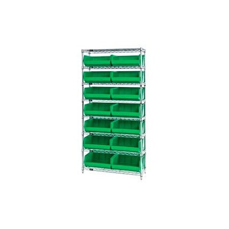 Global Industrial Chrome Wire Shelving With 14 Giant Plastic Stacking Bins Green, 36x14x74 268929GN